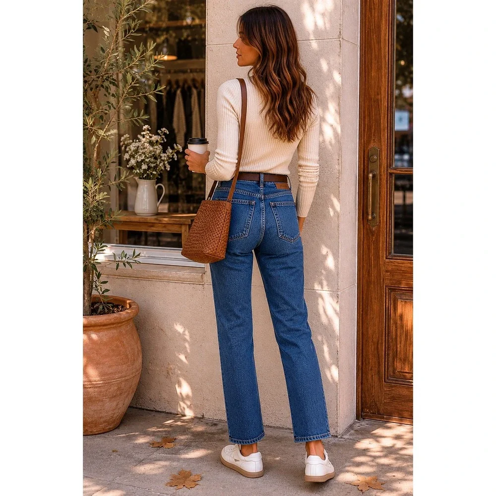 Sézane Brut Sexy High Waist Straight Leg Jeans Bleu Denim Organic Cotton NWT T26